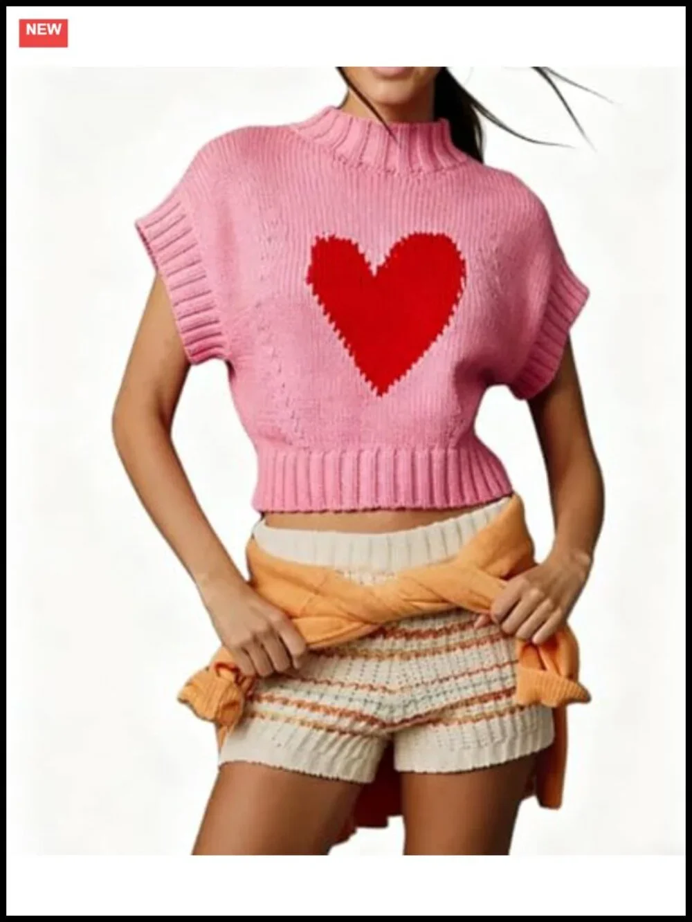 Women Cap Sleeve Sweater Vest Heart Print Mock Neck Knitted Pullover Tank Top